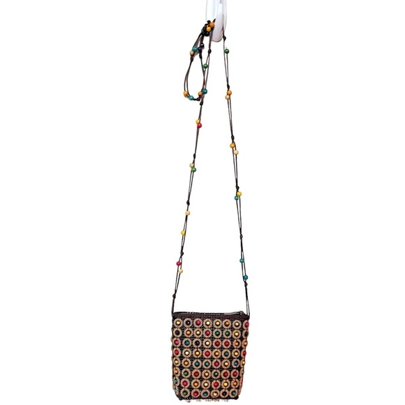 3/$30 MULTICOLOR WOOD BEAD CROSSBODY SHOULDER MINI BAG POUCH COCONUT SHELL BOHO - Picture 3 of 10